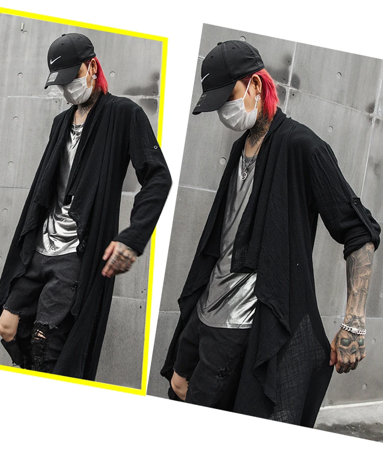 Корейские демисезонные стильный серый черный удлиненные поп панковский кардиган льняные рубашки для мужчин