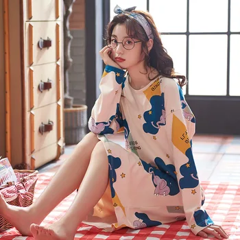 

Long-Sleeved Nightdress Women's Autumn and Winter Cotton Nightdress Dress Leisure Tops Cartoon Large Size Night Dress outside