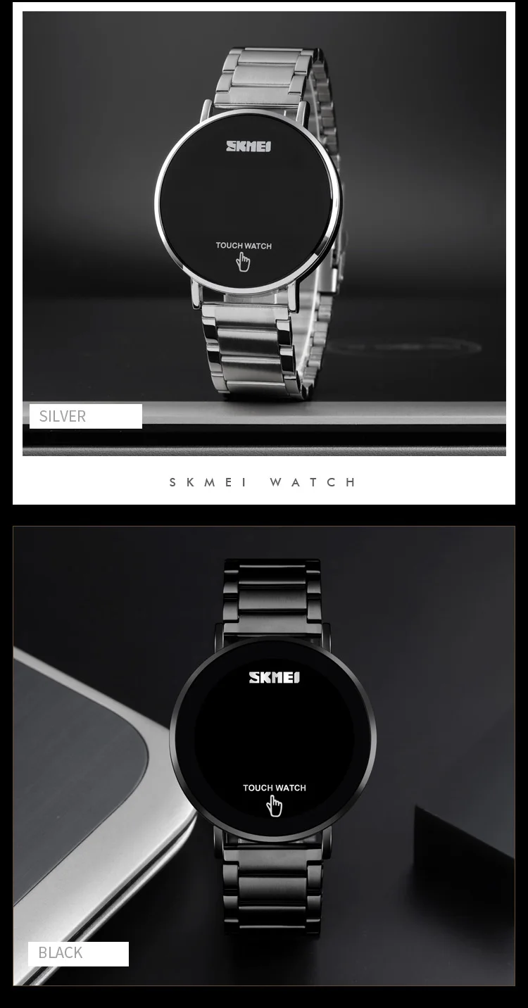 SKMEI Men Quartz Watch Touch Screen LED Light Display Fashion Digital Watch 3bar Waterproof Stainless Steel Strap Montre Homme