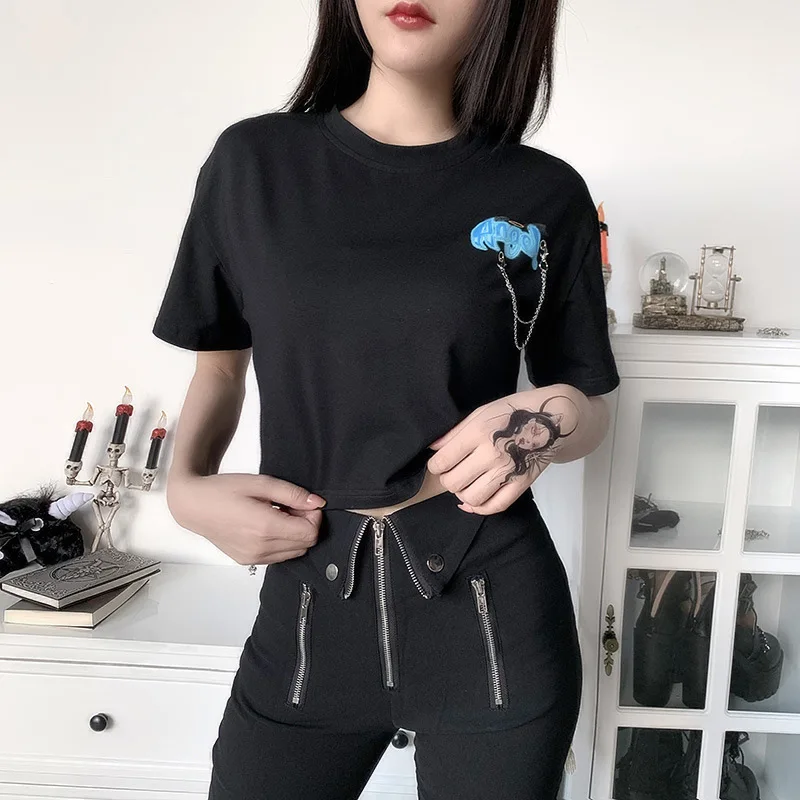 

NCLAGEN Gothic Angel Print Chains Patchwork Women Summer T Shirt Side Split Cotton Crop Top Punk Streetwear Casual Harajuku Tees