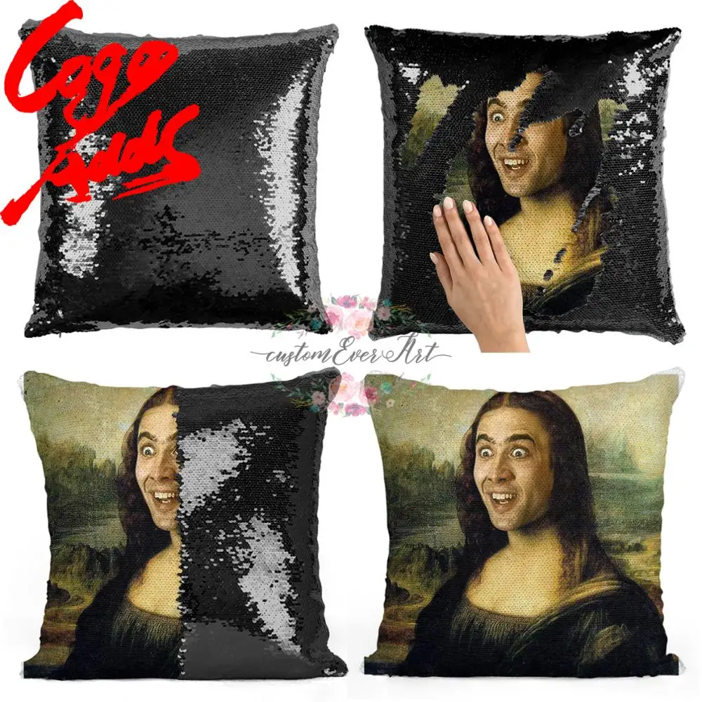 

Nicolas Cage Mona Lisa sequin pillow | sequin Pillowcase | Two color pillow | gift for her |gift for him | pillow | magic pillow