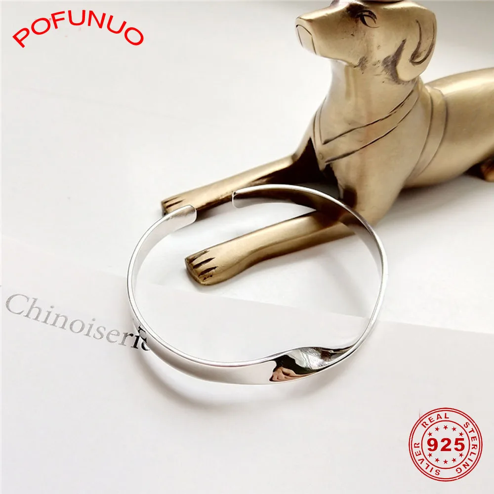 POFUNUO, 925 пробы, серебряные, для девочек, простые, изогнутые, открытые браслеты, для влюбленных, хорошее ювелирное изделие, подарок, модные, свадебные, элегантные браслеты
