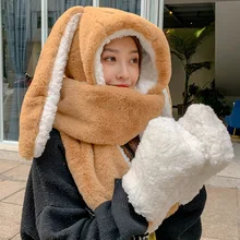 New Winter Fashion Scarf Hat Cute Big-Eared Rabbit Winter Soft And Sweet One Warm Three-Piece Thermal Insulation Hooded Scarf