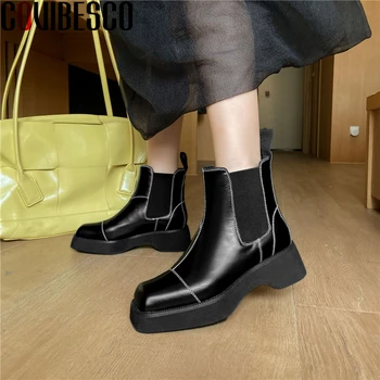 

COVIBESCO Concise New Women Patent Leather Ankle Boots Autumn Winter Platforms Square Toe Shoes Woman Thick Heels Casual Boots