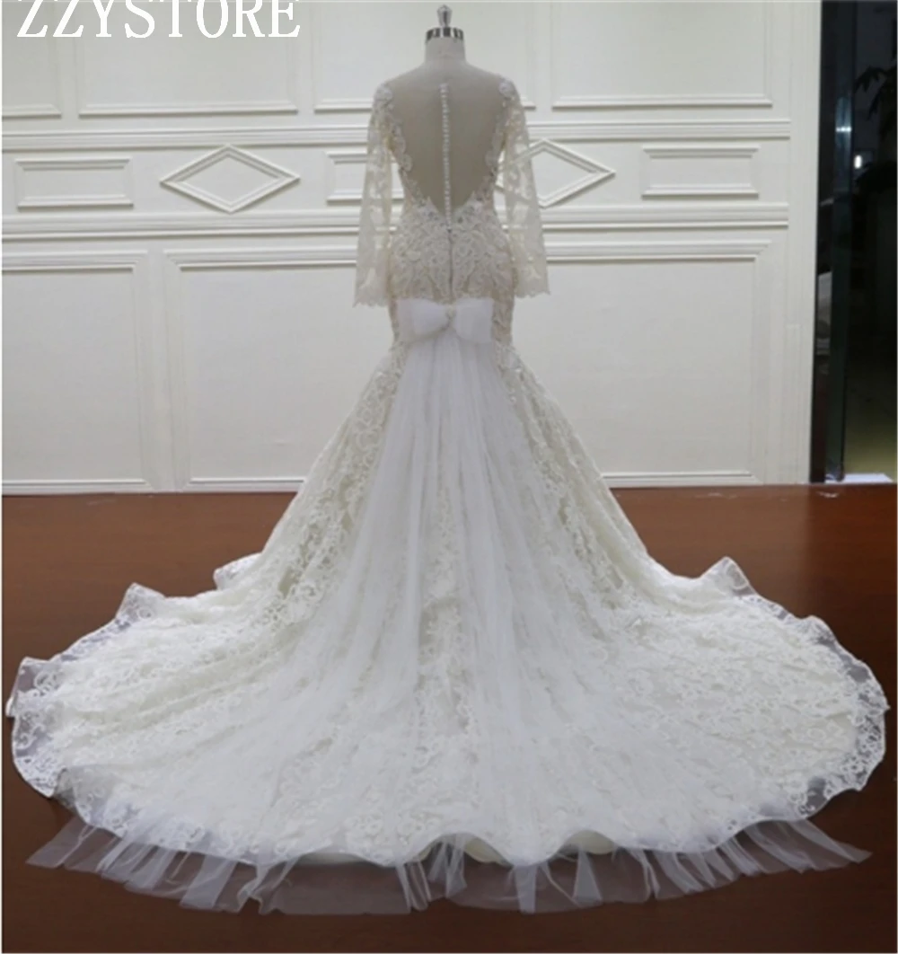 Vestidos de Novia, сексуальное платье с длинным рукавом и круглым вырезом, свадебное платье русалки, роскошная аппликация, бисероплетение, длинные рукава, халат de mariage
