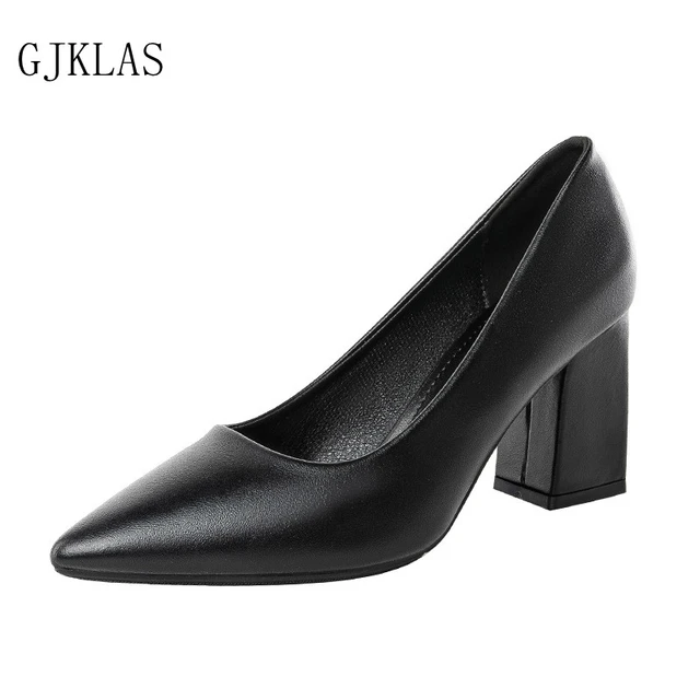 Women Heels Black Office Formal Shoes Leather Loafer Woman High Heels 3/5/7cm Pumps Women Block Heels Zapatos Taco _ - AliExpress Mobile