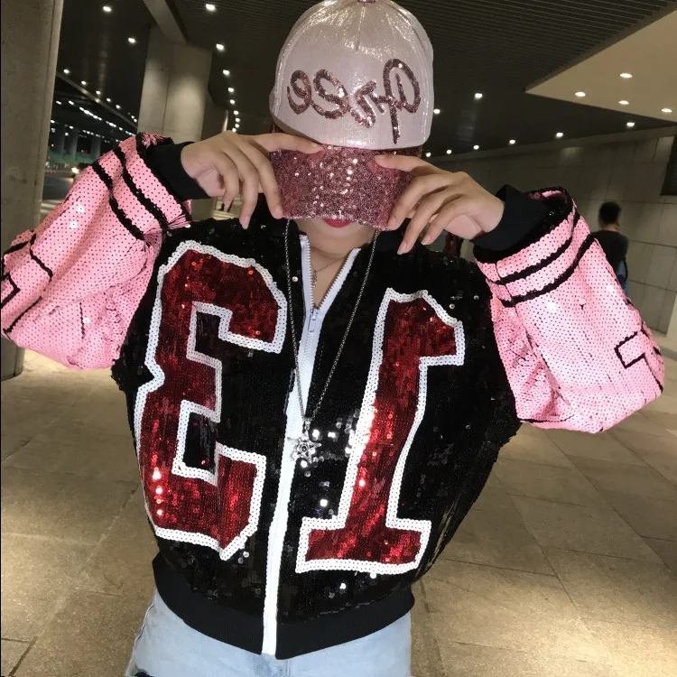 

Women's Clothing 2019 Autumn New Style with Numbers Sequin Baseball Uniform Long-Sleeved Loose-Fit Jacket Women's
