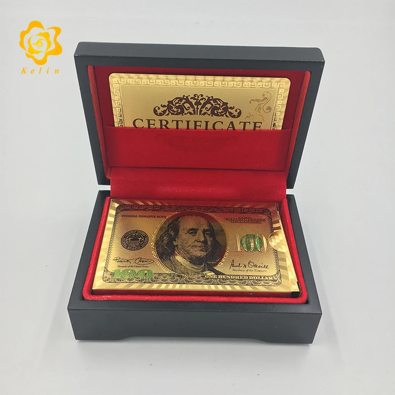 Евро 500 банкнота изображение 24 к 999,9 Золотая фольга игральная карта покер в черной деревянной коробке для бизнес-подарков