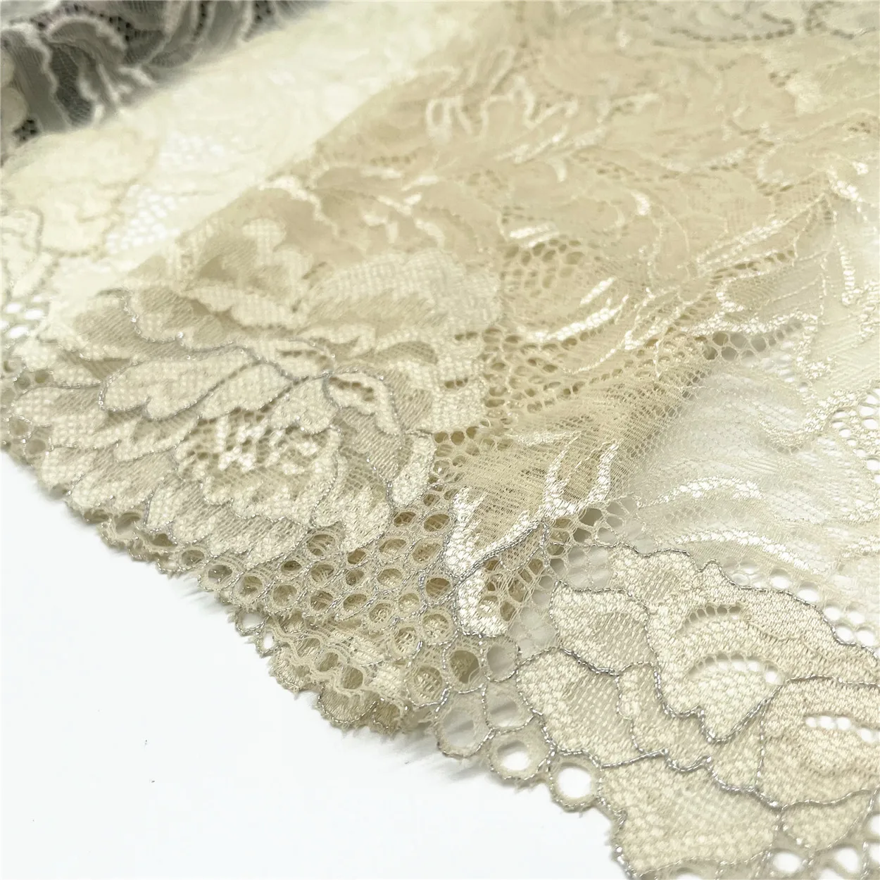3y/lot Width 21cm Cream Silver Elastic Stretch Lace Trims Shiny Skirt Hem For Clothing Accessories Dress Sewing Applique Costume 3