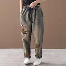 Винтажные леопардовые джинсы с зернистой текстурой женские джинсовые повседневные брюки до щиколотки Ретро Вышивка Узор письмо дикие Модные женские