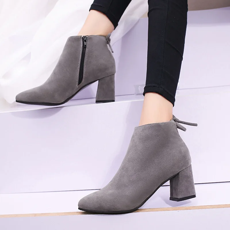 

2018 Europe And America Autumn And Winter New Style Chunky Heel Pointed Short Martin Boots Dull Polish Suede High-heeled Bare Bo
