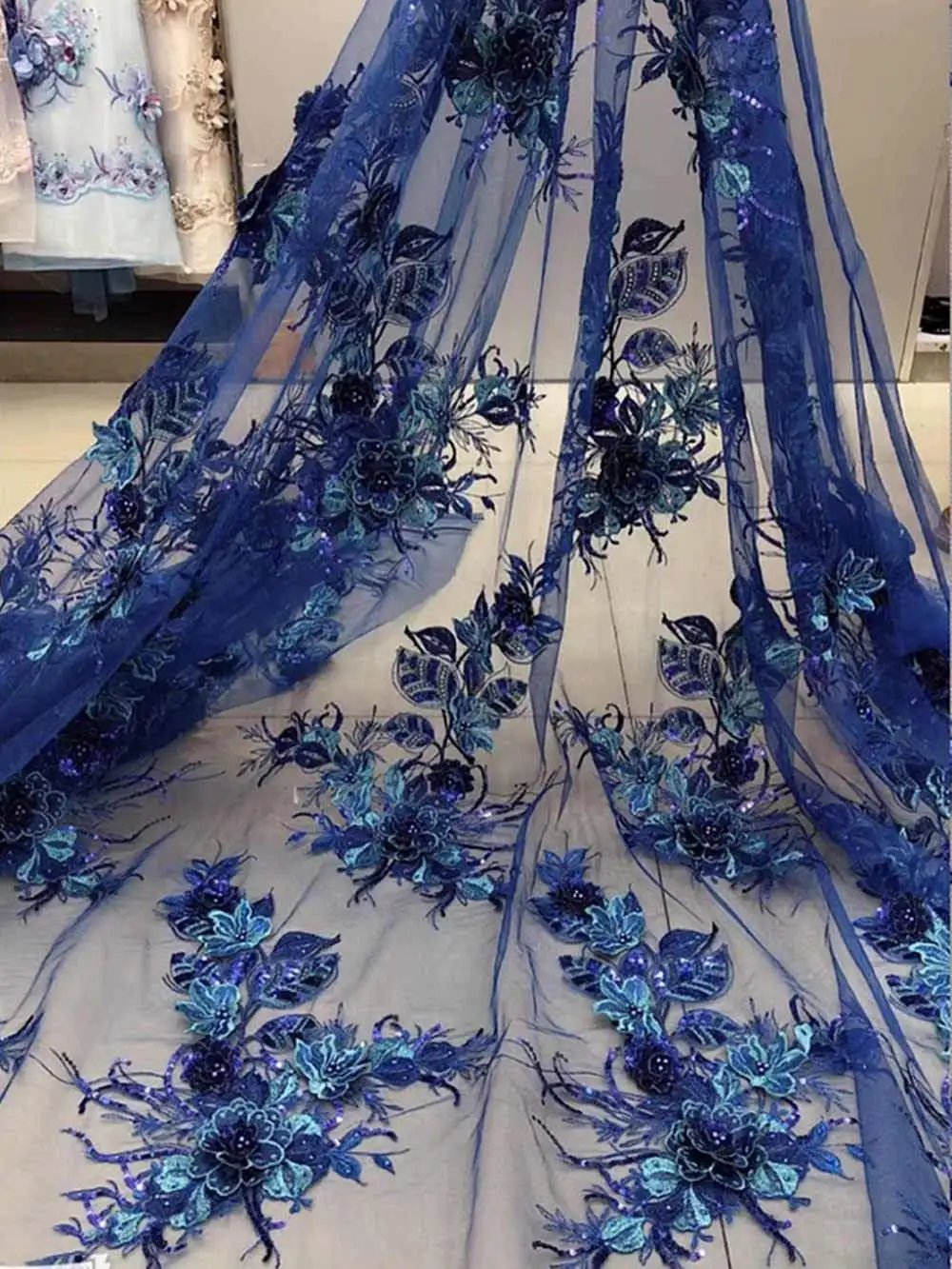 

Nigerian Lace Fabric With Sequins 3D flowers beaded African French Net Lace Fabric Embroidered Tulle Mesh Lace Fabric DG624