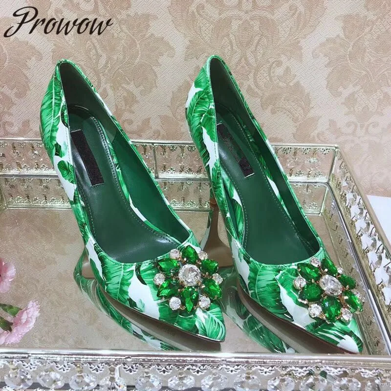 

Prowow New Design Genuine Leather Printed Floral Sexy Pointed Toe Pumps Spring Summer Slip On Crystal Thin HIgh Heel Pumps