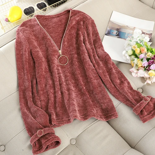 Brick red Neploe, v-образный вырез, на молнии, дизайнерская, кордуория, футболка, осень, весна, новинка, одноцветная, свободная, длинный рукав, тройники, верхняя одежда, Женский Топ 48329 - Цвет: Brick red