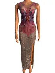 Sparkly Long Dress Transparent Full Rhinestone   Evening Wedding Birthday Celebrate Costume Butterfly Pattern Dancer Show Dress