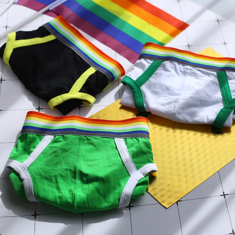 3 pcs/lot Cotton Underwear Men's Classic Week Briefs Rainbow Waistband Underpants Gay 3XL Green/White/Black/Navy/Red/Blue/Yellow 4