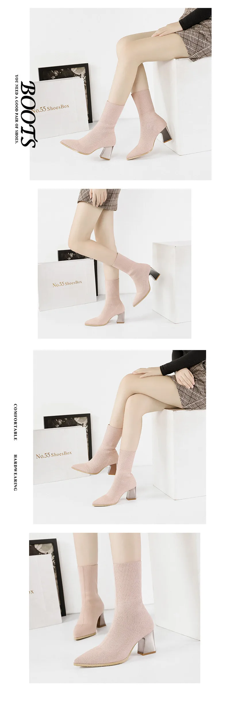 Sexy Pointed Toe Ankle Sock Boots For Woman Knit Elastic  Female Western Boots Thick High Heels French Women's Boots Socks Shoes (19)