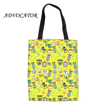 

Kawaii Medical Tools Pattern Women Canvas Tote Shopping Bag Reusable Foldable Shoulder Bag Grocery Bag for Laides Bolsa De Praia