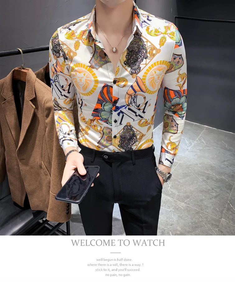 Зимние мужские хлопчатобумажные рубашки Slim Fit Fancy Printed с длинным рукавом мужская одежда с цветочным принтом мужские дизайнерские рубашки