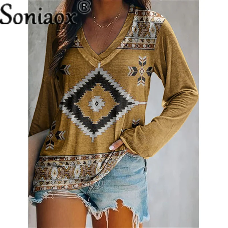 

Vintage Ethnic Style Women's T Shirts Long Sleeve V-neck Print Shirts Tops Ladies Casual Pullover Autumn Street Clothes T Shirt