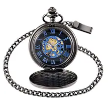 Ретро Черные карманные часы Механические карманные часы цепочка ожерелье стимпанк синий скелет механические Fob карманные часы подарок