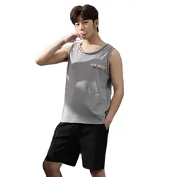 Summer Knitted Cotton Men Sleepwear Vest Pajamas Set Sleeveless Casual Soft 4XL Men's Clothing Loose Male Homewear