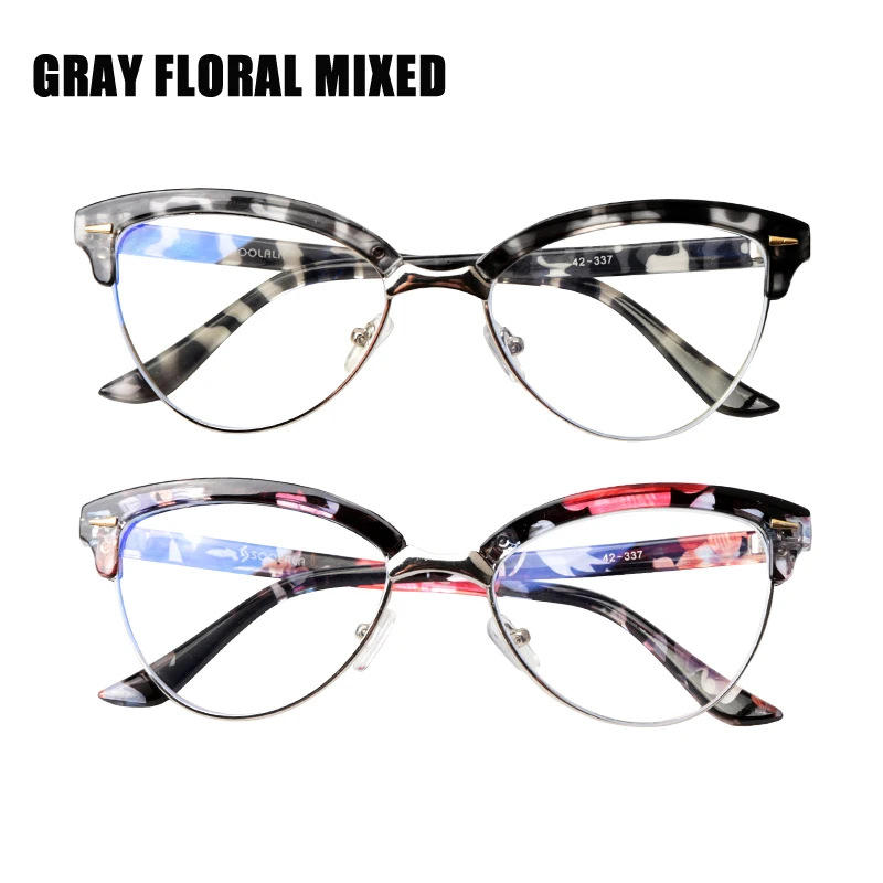 Gray Floral Mixed SOOLALA, полуоправы, анти-синий светильник, компьютерные очки для женщин, антибликовые очки, прозрачные линзы, синяя блокирующая оправа для очков - Цвет оправы: Gray Floral Mixed