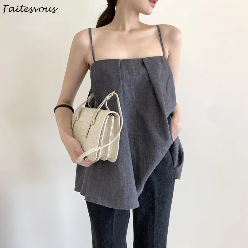Summer French Office Ladies Camis Sexy Loose Pleated Tops Outwear Korean Chic Solid Color Camisole Woman | Женская одежда
