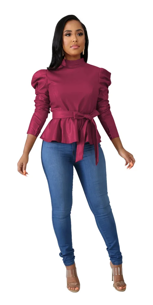 rose red Однотонный пуловер из искусственной кожи, Длинный плиссированный рукав, высокая горловина, блузка, топ с поясом, женский осенне-весенний повседневный элегантный топ, 7 цветов - Цвет: rose red