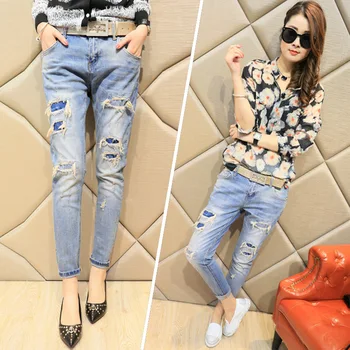 

Autumn Hole Jeans Female Nine Points Pants Are Thin Loose Feet Harlan Pants