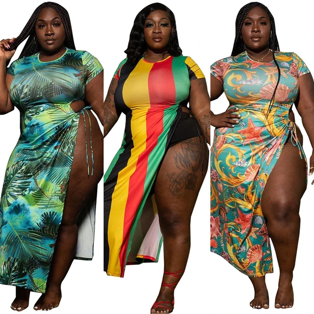 Xl-5xl Plus Size Dress Women Clothing Fashion Sexy Printing Stripe