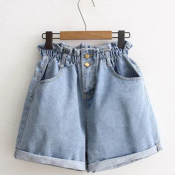 

Shorts Women High Waist Casual Loose Ladies Fashion Roll Up Hem Elastic Waist Pocket Blue White Short Robe Femme