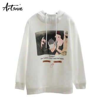 

Artsnie streetwear cartoon print women sweatshirt white casual drop shoulder oversized hoodies long sleeve winter sweatshirts