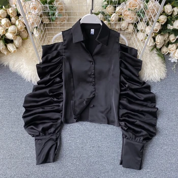 

2020 Spring Summer Shirt Women's Hollow Out Off-Shoulder Pleated Puff Sleeve Short Tops Woman Blouse Loose Elegant Shirts Blusas