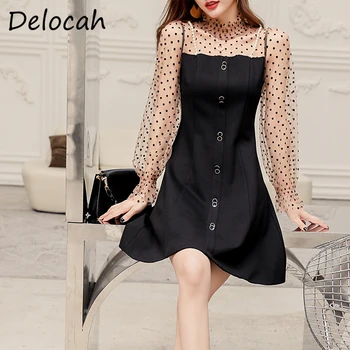 

Delocah Women Autumn Fashion Runway Party A-Line Dress Lantern Sleeve Button Dot Printed Bodycon Fit Short Dresses vestidos 2020