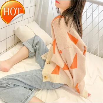 

Clothes Women Winter V neck Sweater Cardigans Geometric Oversized Knit Coat Loose Long Sleeve Pink Sweater Coat Jumper