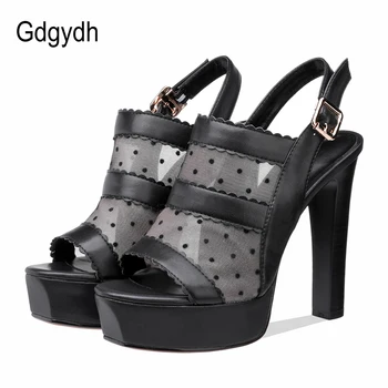 

Gdgydh Fashion Mesh Genuine Leather High Heel Shoes Women Platform Breathable Open Toe Sexy Pary Nightclub Shoes Summer Sandals