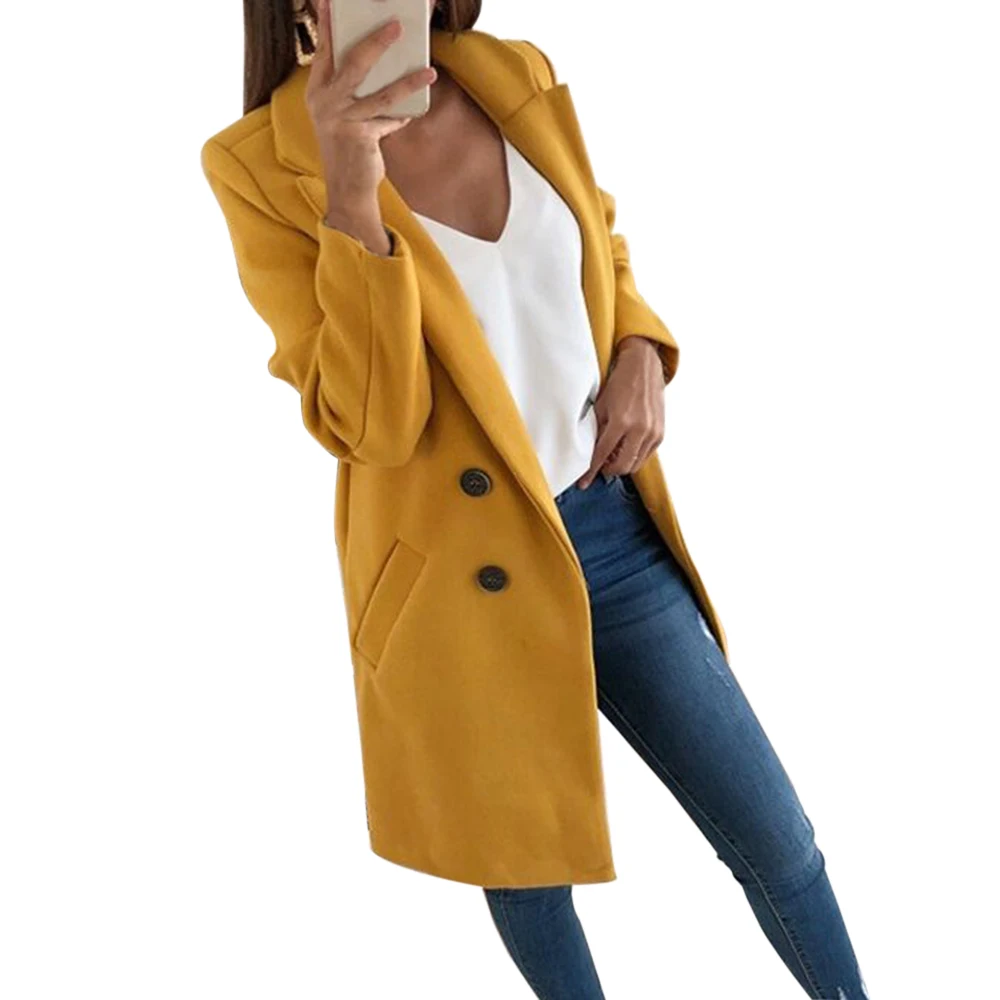 Новинка, женское длинное шерстяное пальто, Осень-зима, приталенная куртка, женская мода, отложной воротник, одноцветная, Casaco Feminino - Цвет: yellow