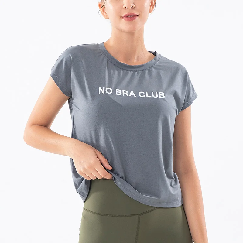 Women Gym Yoga Top Running Breathable Short Sleeve T-Shirts Solid Color Loose Fit Elastic Sexy Letter Printing Sport Shirts