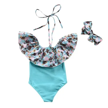 

2pcs /set Baby Girls Swimsuit Kids Striped Suits Swimwear Ruffles Bathing Suit Swimming Costume Beachwear +Headband set