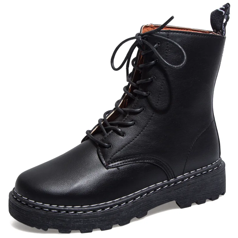 

Qiu dong xue Women's 2019 New Style Lace-up Martin Hight-top British-Style Leather Boot Short Boots Casual Online Celebrity Cele