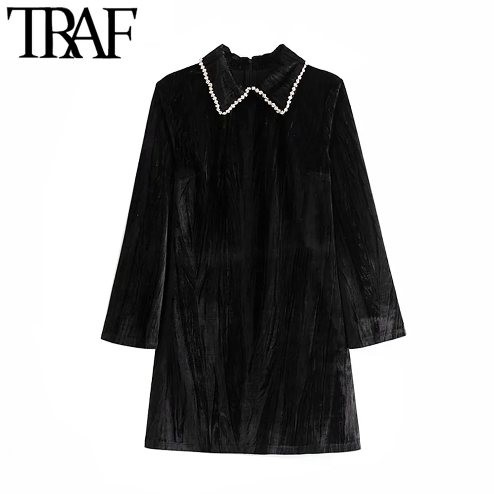 Женское винтажное офисное платье TRAF бархатное мини-платье с аппликацией из