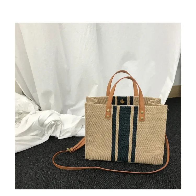 2021 Simple Fashion Large Canvas Handbag For Women Vintage Striped Tote Bag Female Portable Ol Business Briefcase Korean Style white shoulder bag