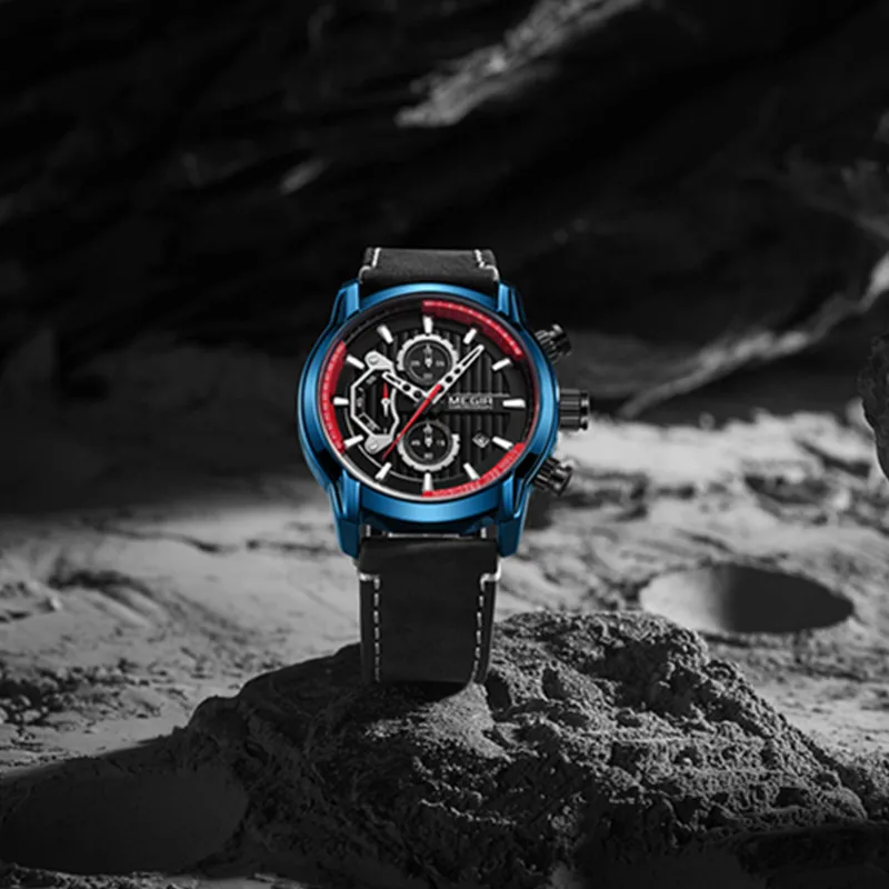 Gorben Blue/Black/Silver Leather Strap Luxury Casual Quartz Watches Men Clock Quartz Wrist Watch Business Male Wrist Watch