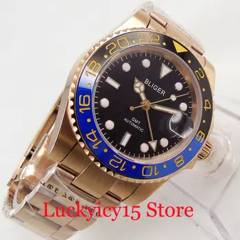 

New BLIGER Rose Gold Black Dial Sapphire Glass Automatic Men Watch Deployment Clasp Rotating Bezel
