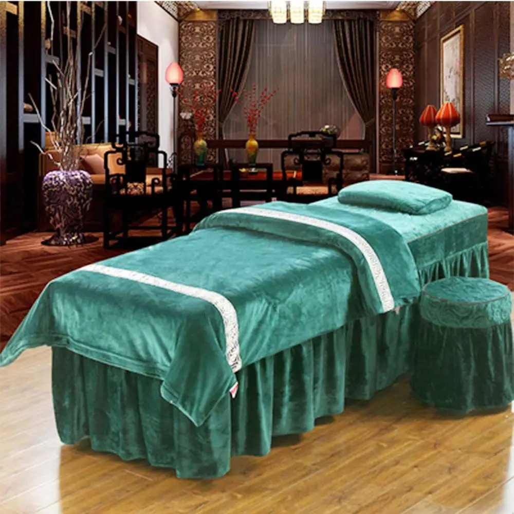Beauty bedspread four piece set of crystal Plush thickened warm coral plush velvet autumn and winter massage beauty salon bedspr