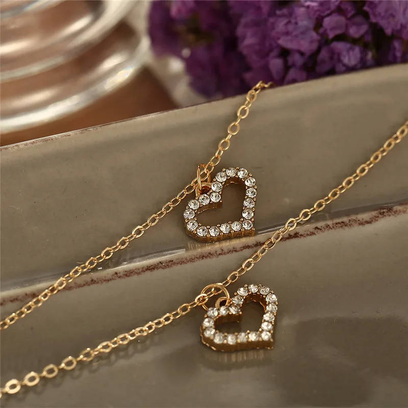 

Simple Temperament Necklace Women Gold Inlaid Rhinestone Love Necklace Personality DoubleLayer Clavicle Chain Necklace For Women