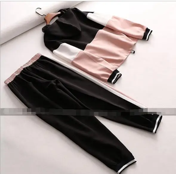 fashion long sleeve women suit two piece sets patchwork outfits hooded tops and trousers plus size autumn women clothes