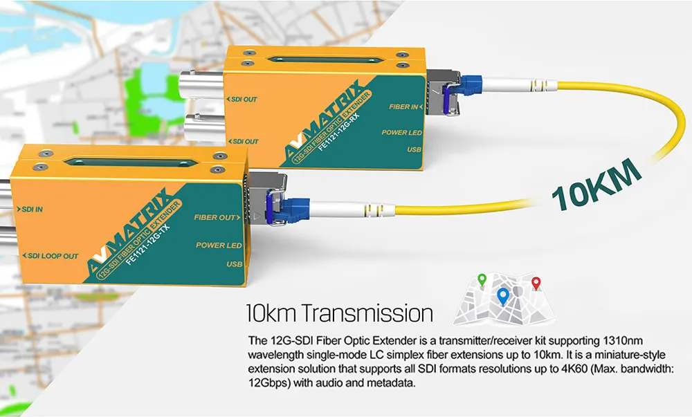 AVMATRIX FE1121-12G волоконно-оптический удлинитель 10 км 12G/6G/3G-SDI вход и loopout на передатчике двойной 12G-SDI выходы на приемнике