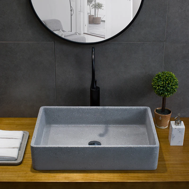 Stone artisan concrete cement vanity above counter basin industrial personality simple art terrazzo retro square | Дом и сад